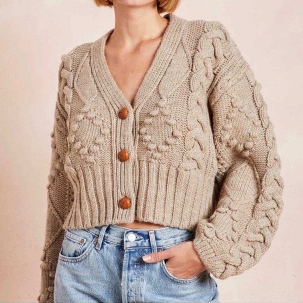 The Westside Colby Cropped Fisherman Cardigan Sweater Beige size XS